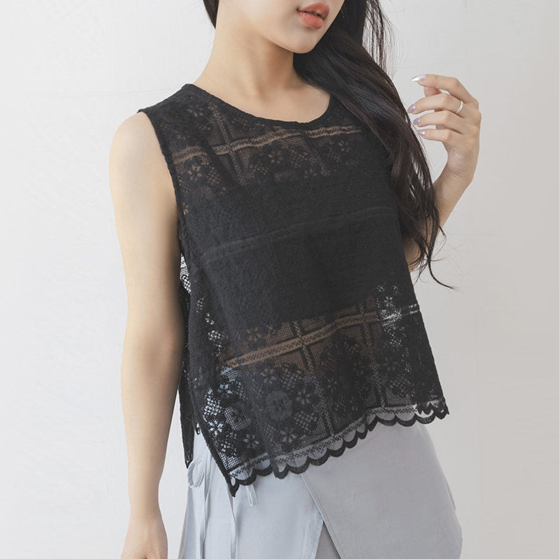 Crochet Lace Side-Tie Crew Neck Plus Size Tank Top