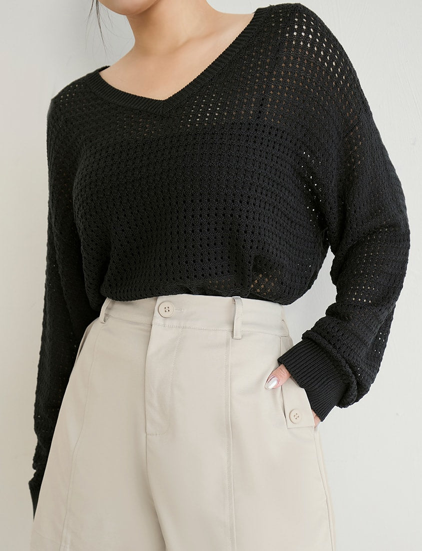 Anti-Pilling V-Neck Eyelet Plus Size Knit Top