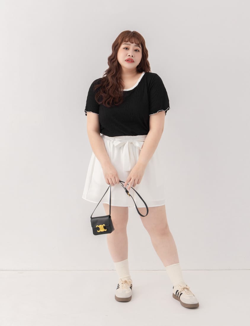 Multicolor Crew Neck Color-Block Crinkled Plus Size Short Sleeve Top