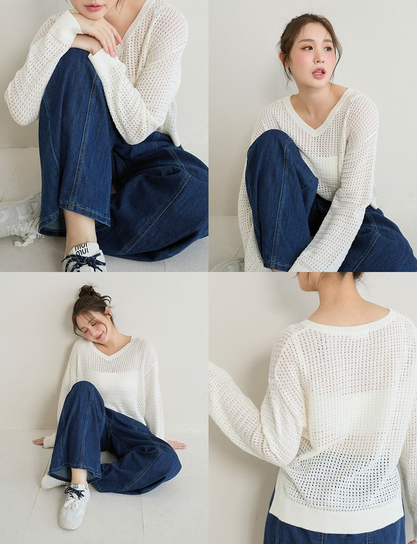 Anti-Pilling V-Neck Eyelet Plus Size Knit Top