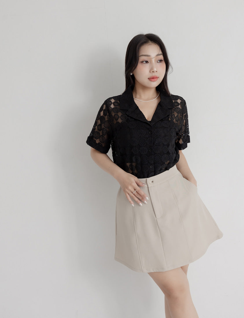 MISS. Cuban Collar Lace Eyelet Plus Size Shirt