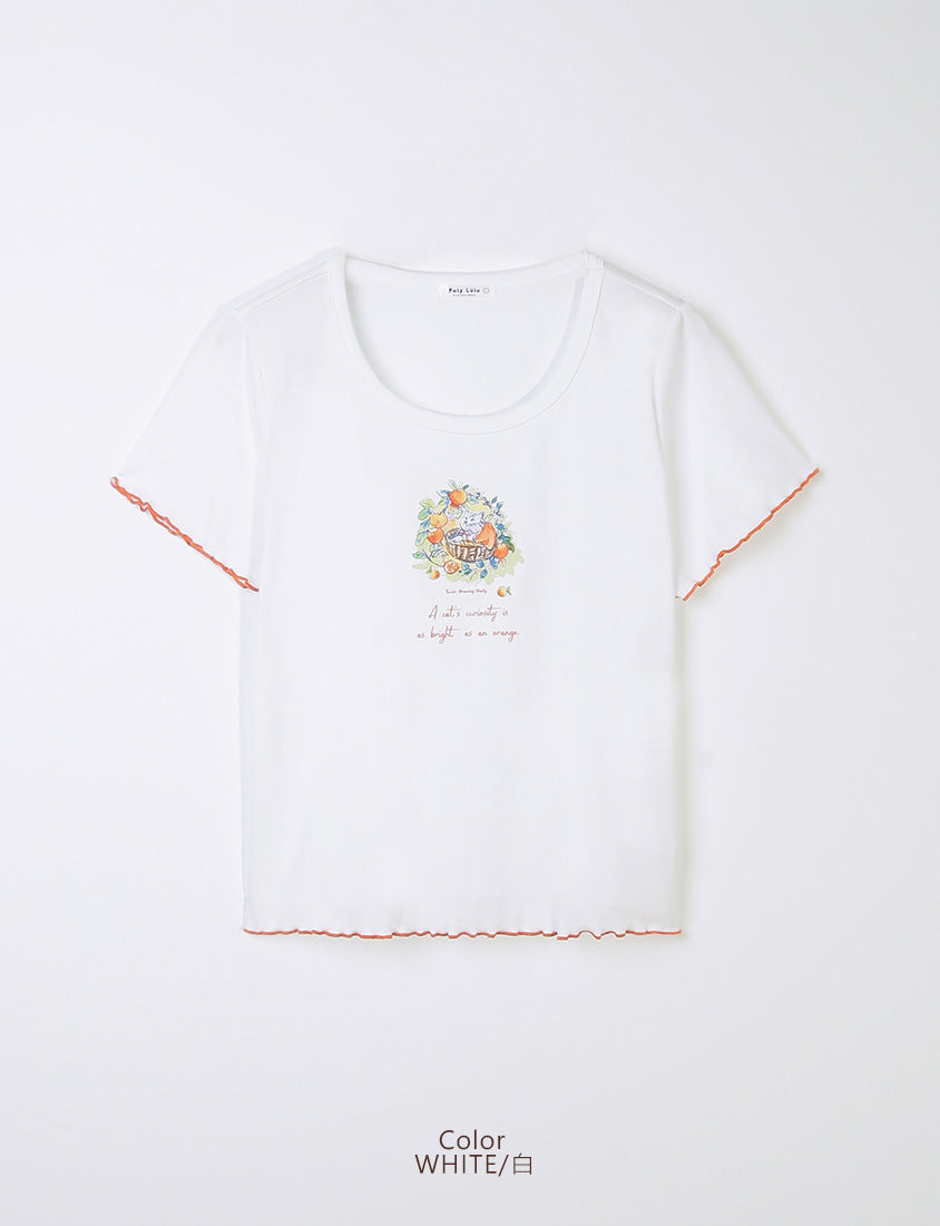Crew Neck Contrast Ruffle Trim Plus Size Graphic Tee (Illustrator Collaboration)