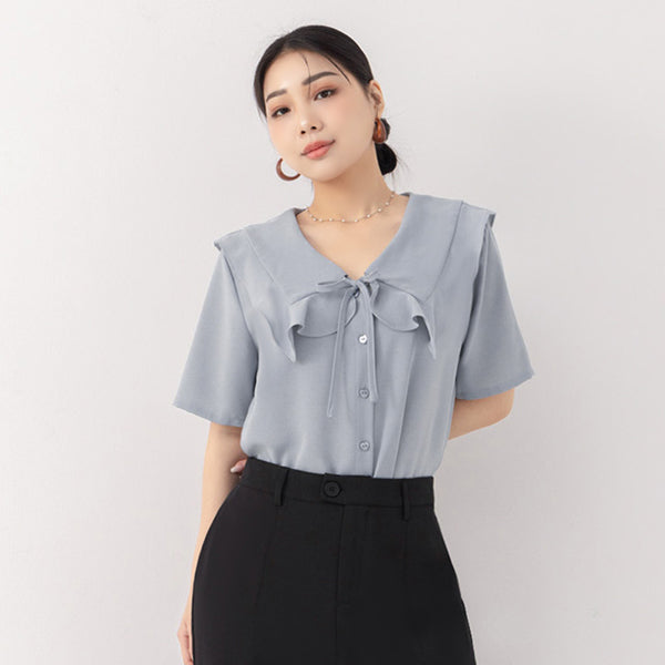 MISS. Heart Buttons Front Tie Ruffle Collar Plus Size Blouse