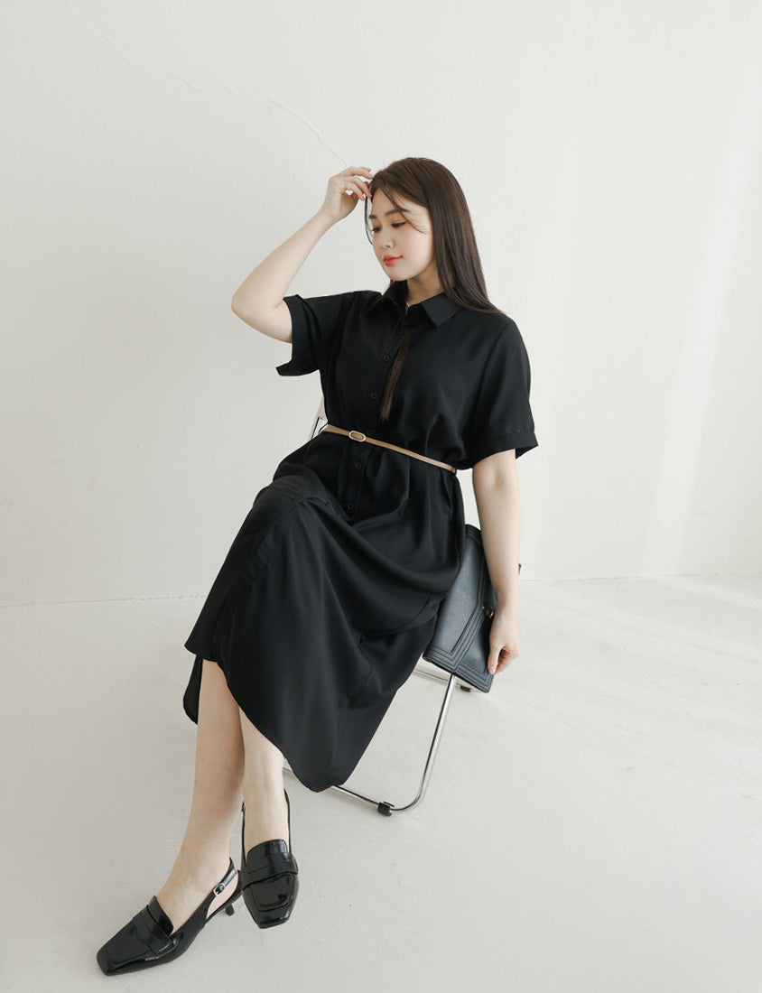 MISS. Button Twill Collar Plus Size Short Sleeve Dress (with Belt)