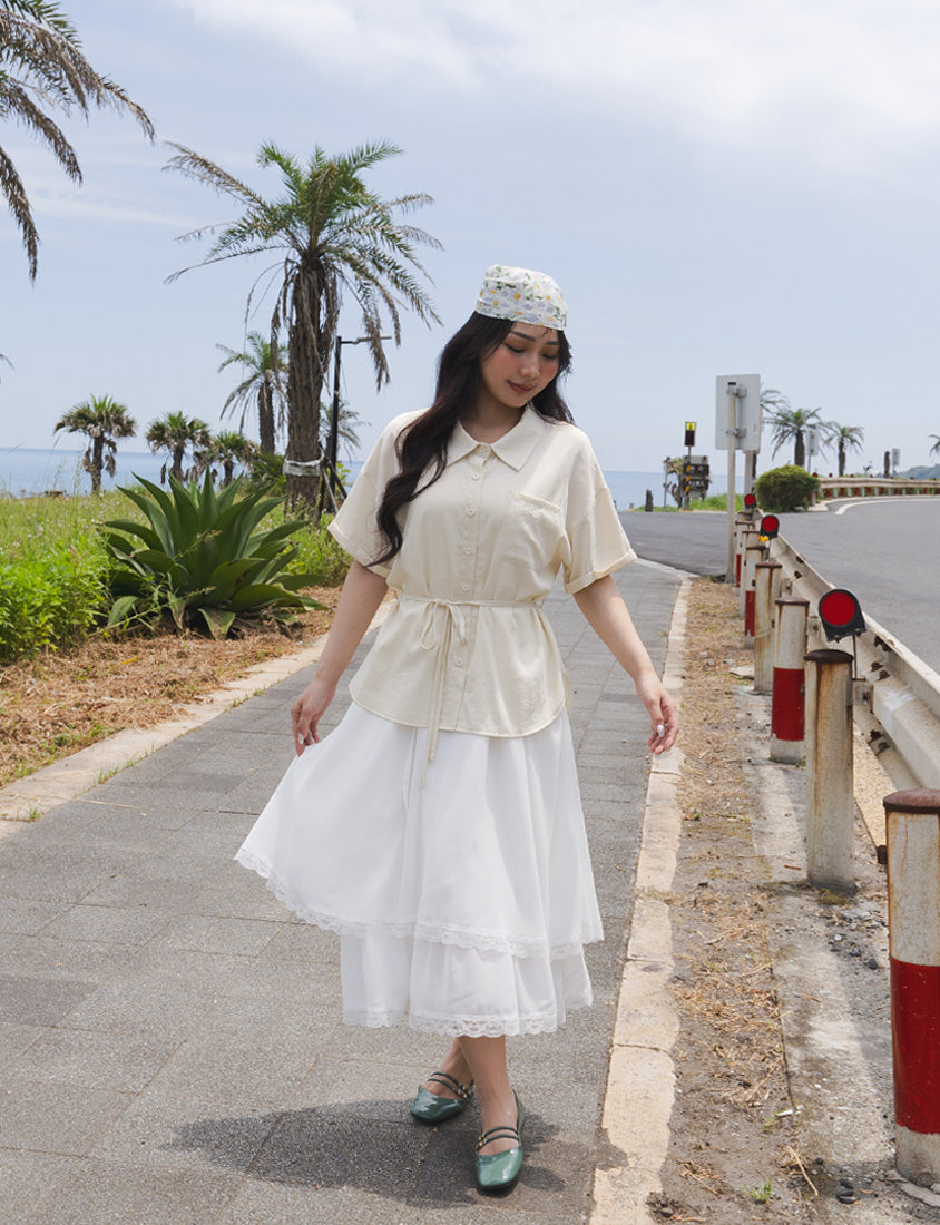 Airy Silky Linen Short Sleeve Plus Size Shirt (With Tie Belt)