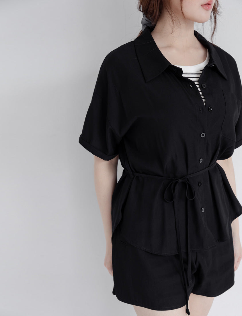 Airy Silky Linen Short Sleeve Plus Size Shirt (With Tie Belt)