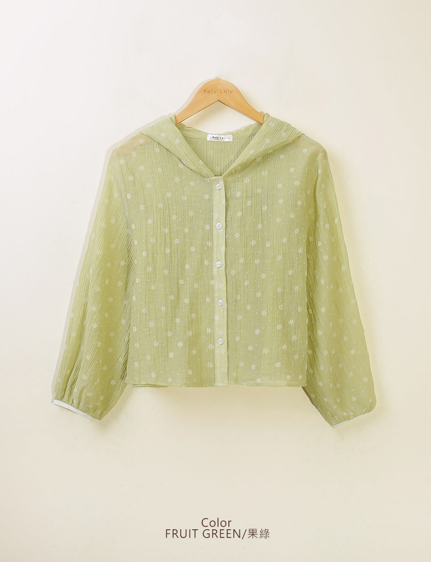 Cute Crinkled Floral Button Plus Size Hooded Jacket