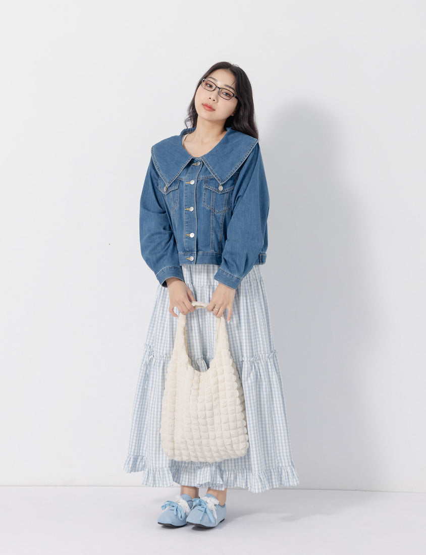 Korean Style Statement Collar Button-Down Plus Size Denim Jacket