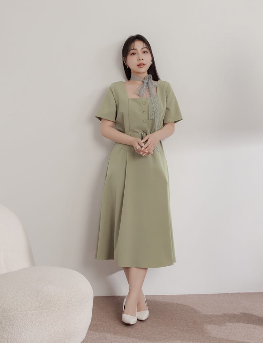MISS. Square Neck Faux Button Elegant Plus Size Long Dress (With Belt)