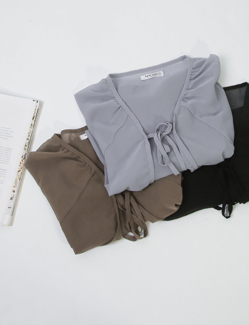 Japanese Style Puff Sleeve Tie Sheer Cropped Plus Size Cover-Up