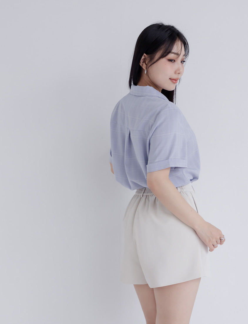 MISS. Cuban Collar Plaid Cuffed Plus Size Short Sleeve Shirt