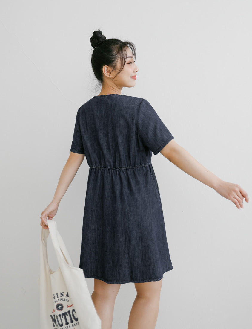 V-Neck Lightweight Denim Elastic Waist Button Plus Size Mini Dress