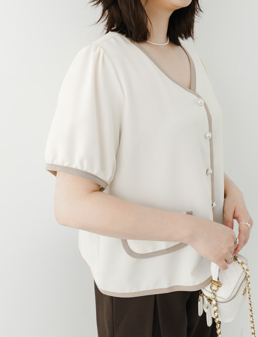 MISS. Elegant Contrast Trim Pearl Button Plus Size Top