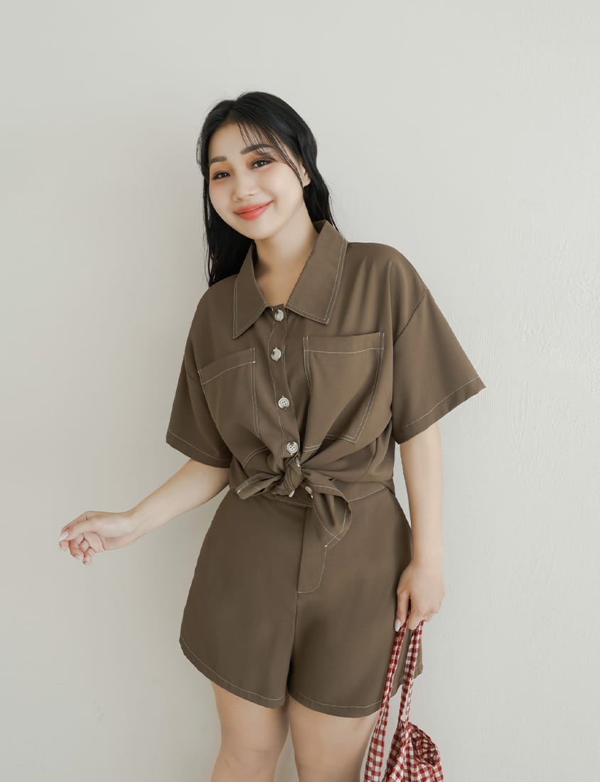 Color-Block Stitched Large Pocket Plus Size Short Sleeve Shirt
