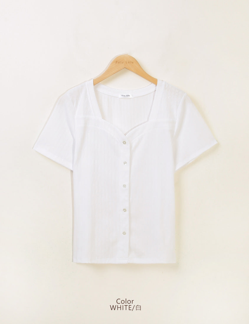 Multicolor Heart Collar Floral Button Plus Size Ribbed Top