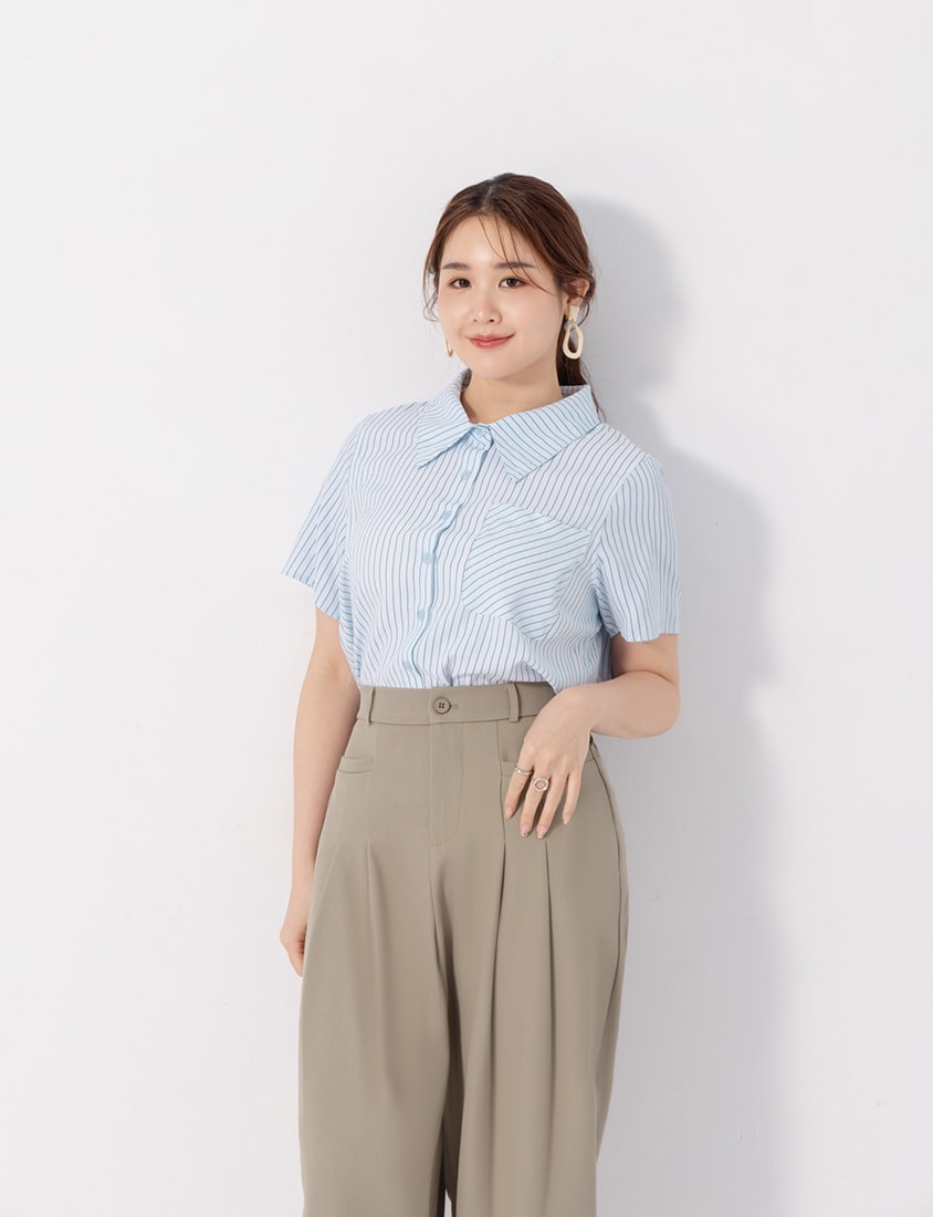 MISS. Preppy Contrast Stripe Plus Size Short Sleeve Shirt (With Neck Tie)