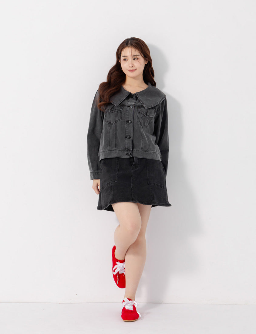 Korean Style Statement Collar Button-Down Plus Size Denim Jacket