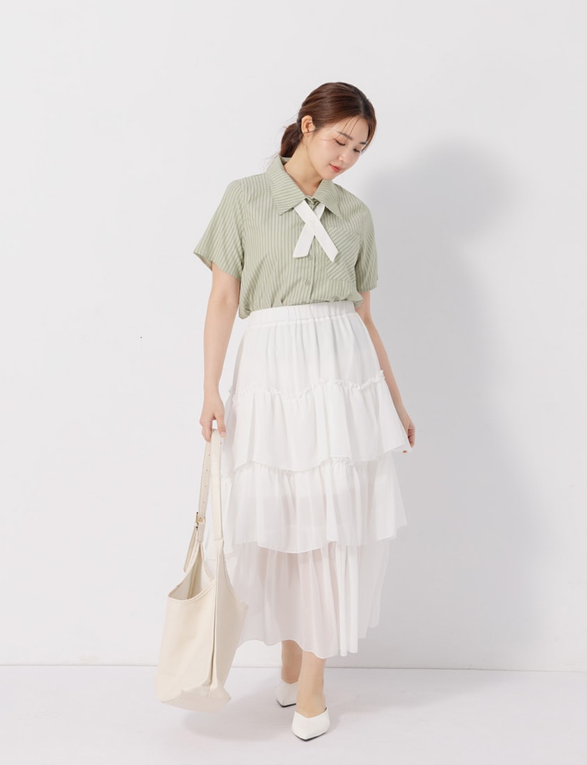 MISS. Preppy Contrast Stripe Plus Size Short Sleeve Shirt (With Neck Tie)