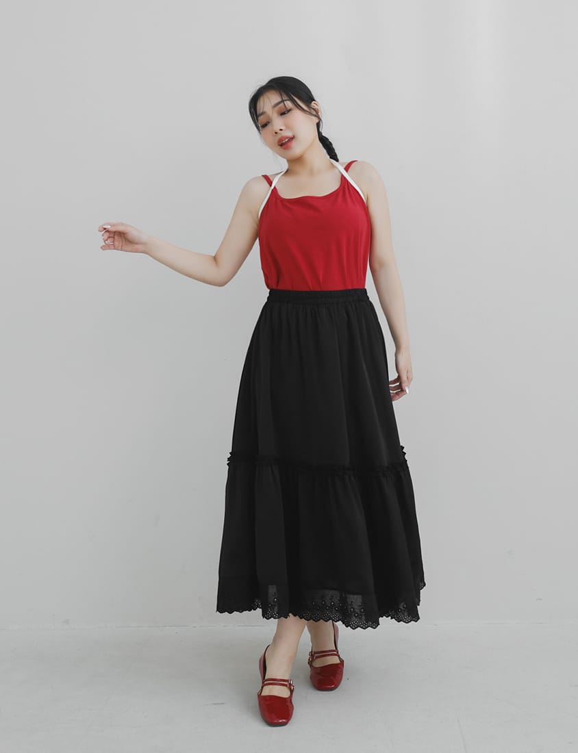 Korean Style Flowy Lace Trim Tiered Plus Size Maxi Skirt