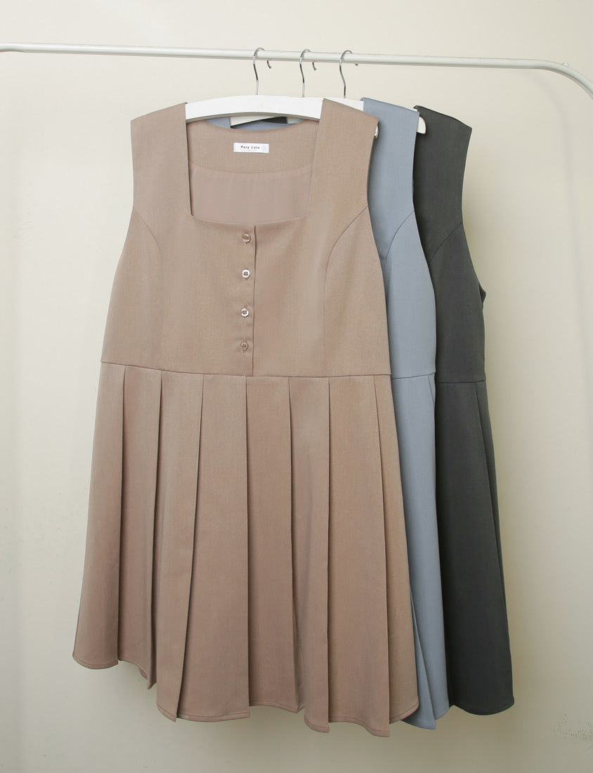 Square Neck Button Pleated Plus Size Mini Dress