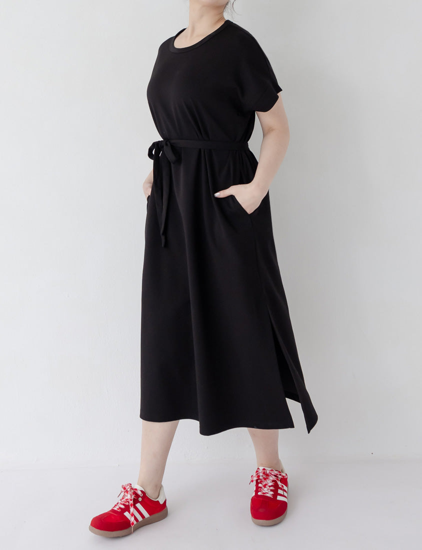 Casual Crew Neck Waist Tie Plus Size Maxi Dress