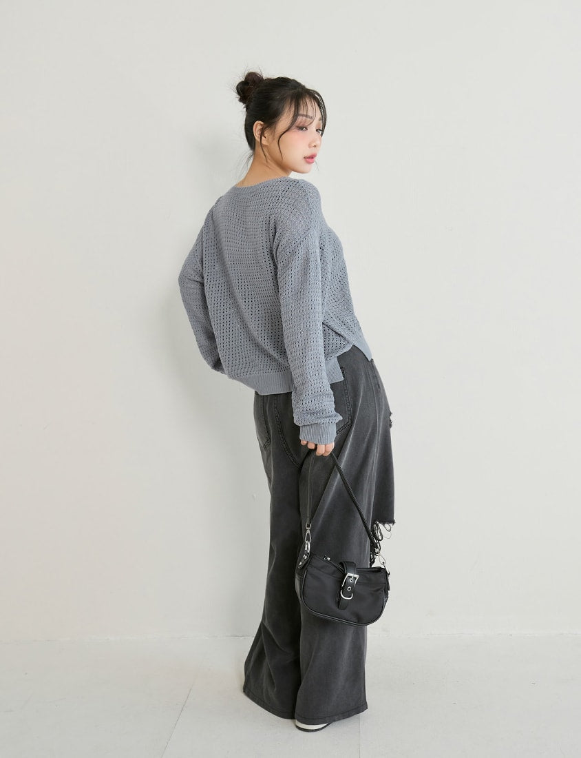 Anti-Pilling V-Neck Eyelet Plus Size Knit Top