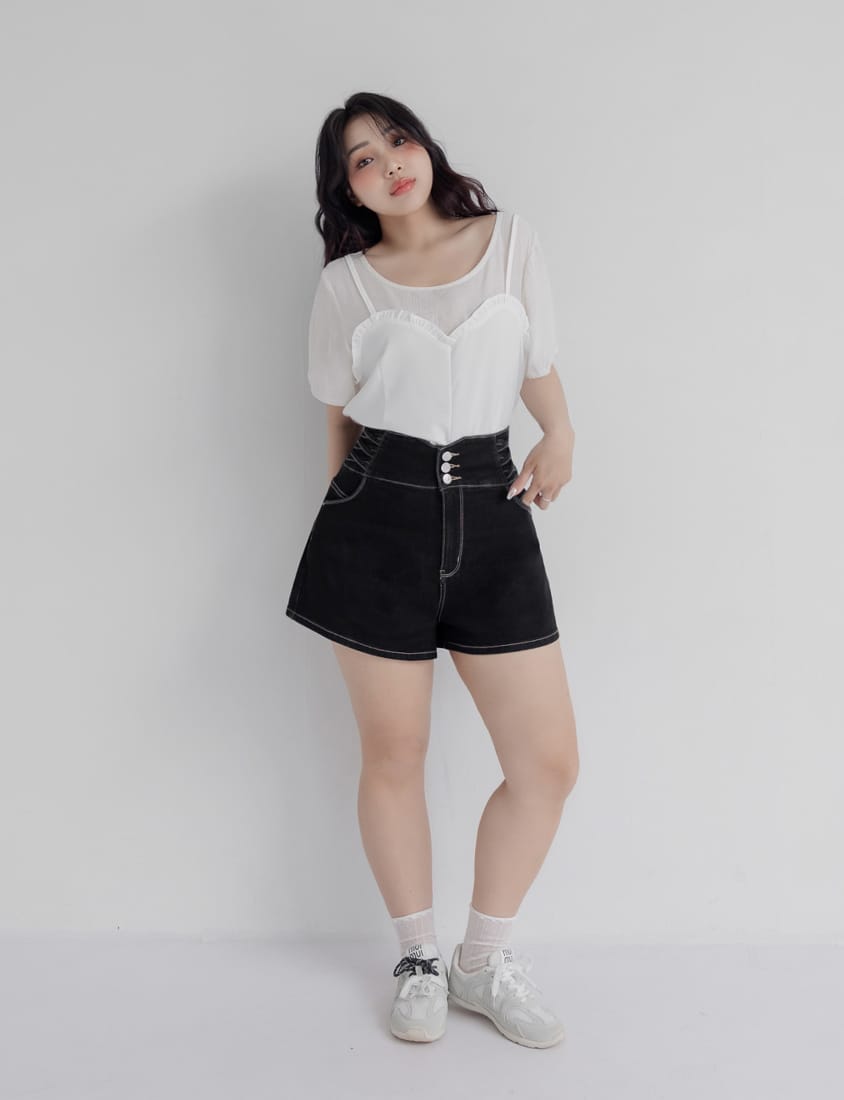 Cross Waist Tummy Flattering Plus Size Denim Shorts