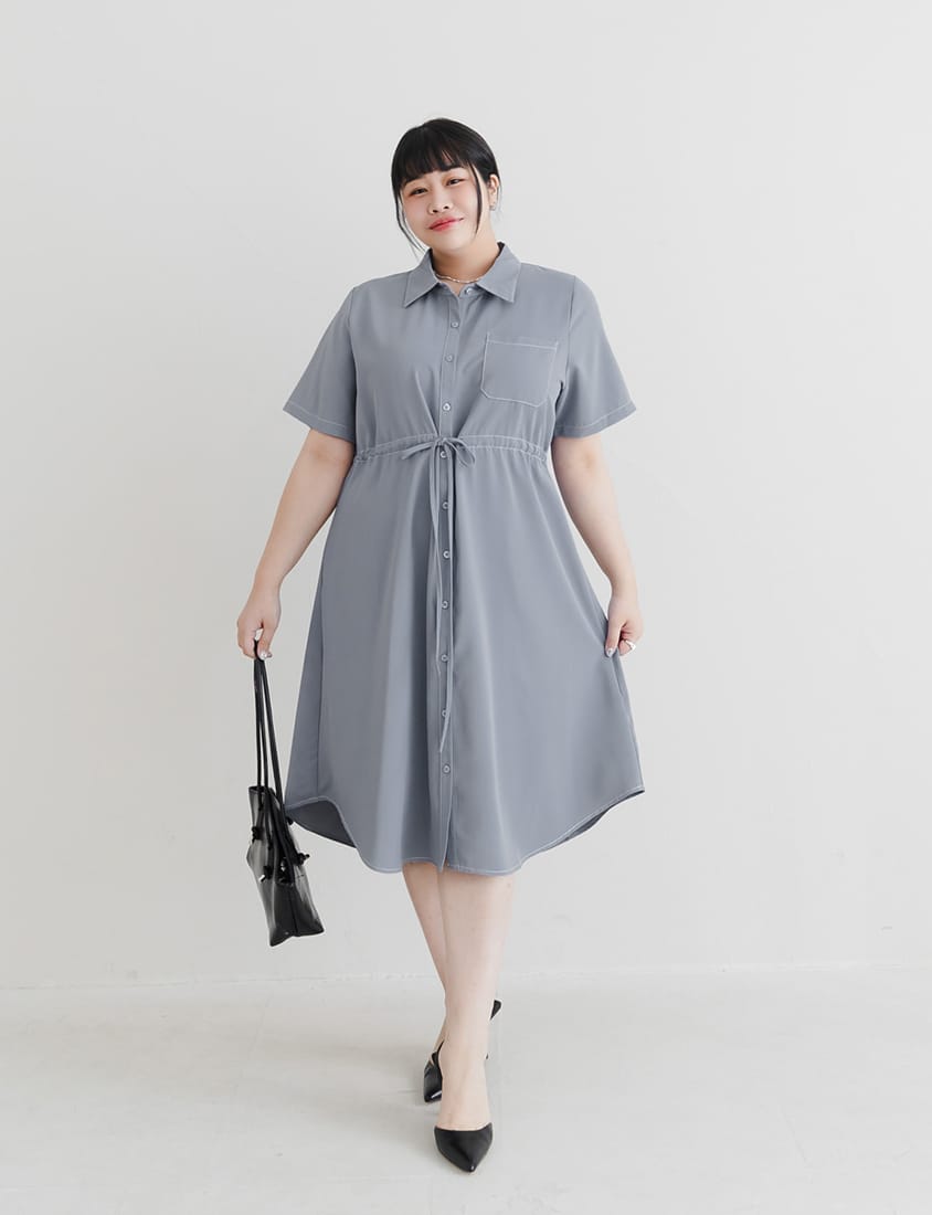 MISS. Contrast Stitch Drawstring Long Plus Size Shirt