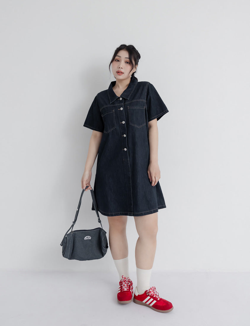 Versatile A-Line Denim Plus Size Shirt Dress