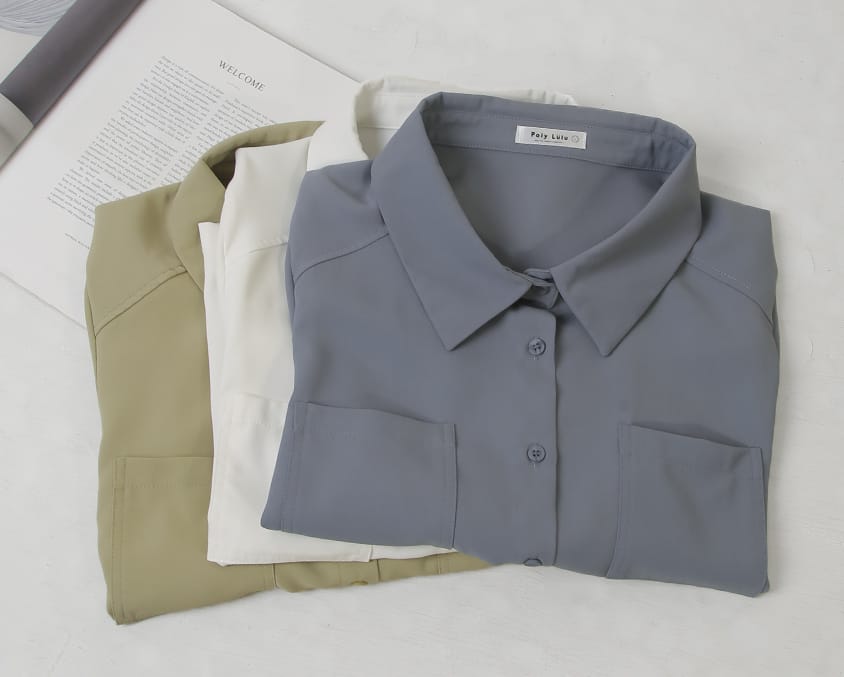 MISS. Drop Shoulder Stitching Double Pocket Plus Size Short Sleeve Shirt
