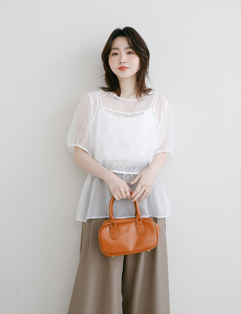 MISS. Sheer Textured Round Neck Puff-Sleeve Plus Size Blouse