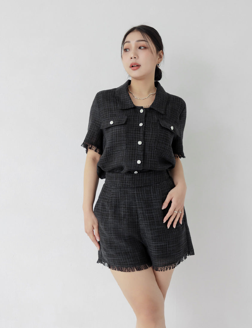 MISS. Tweed Fringe Trim Pearl Button Plus Size Blouse