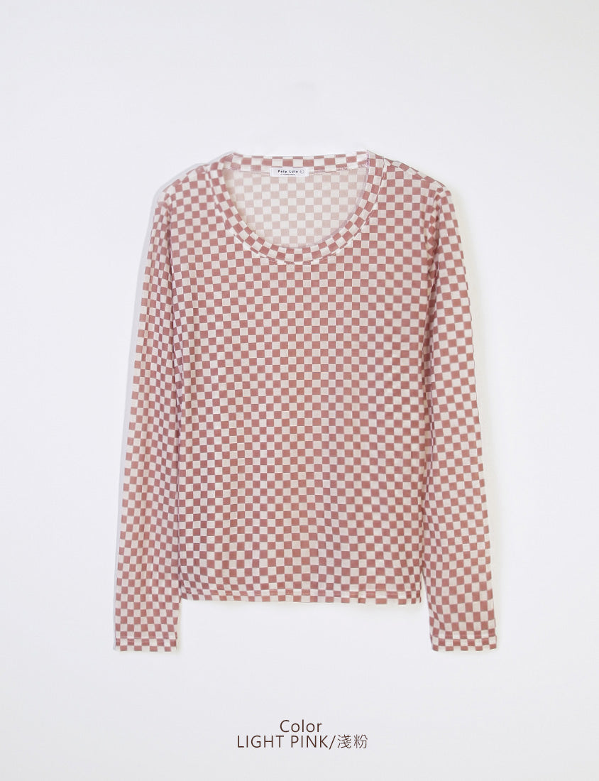MUA! Sexy Checkered Mesh Long Sleeve Plus Size Top