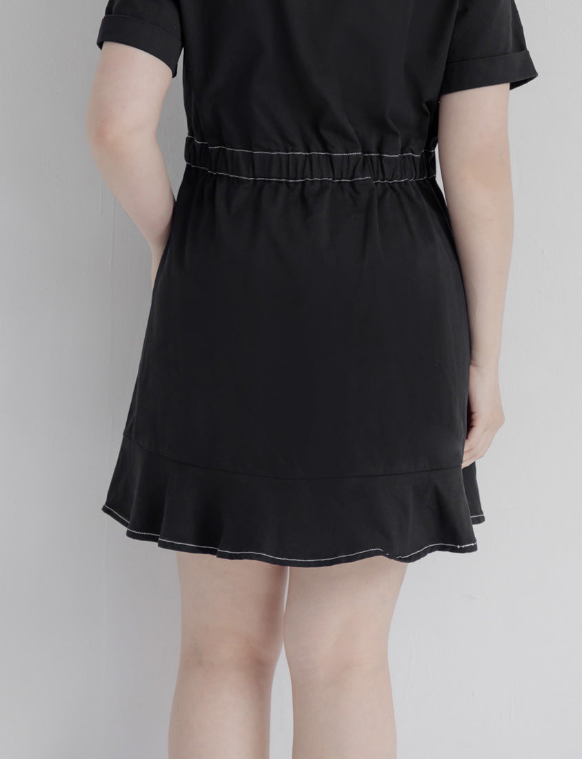 Twill Cuban Collar Cargo Ruffle Hem Plus Size Mini Dress
