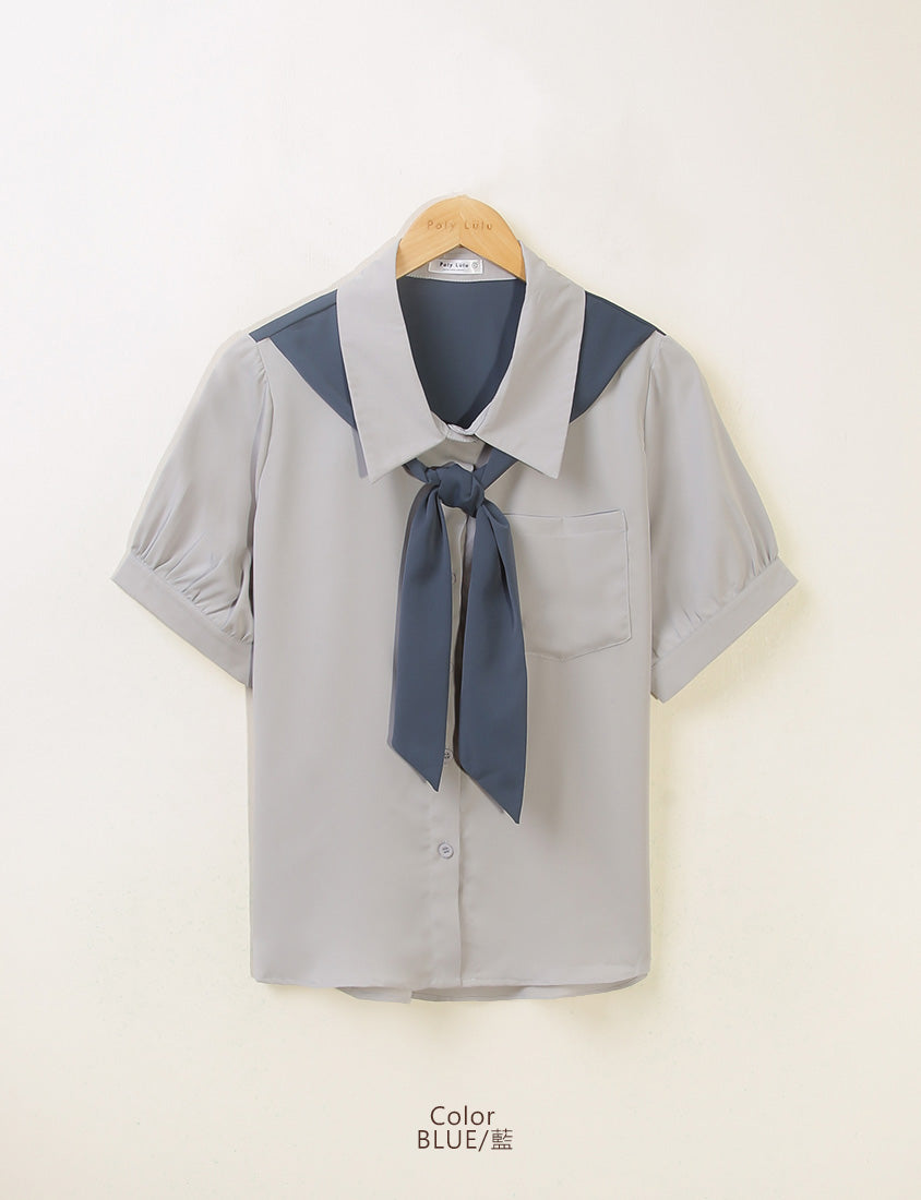 MISS. Faux Two-Piece Color-Block Bow Puff Sleeve Plus Size Blouse