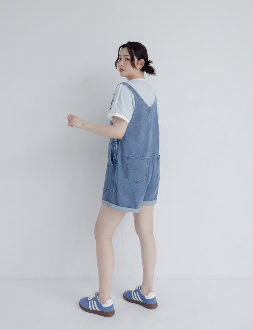 Adjustable Cuffed Denim Plus Size Overall Shorts