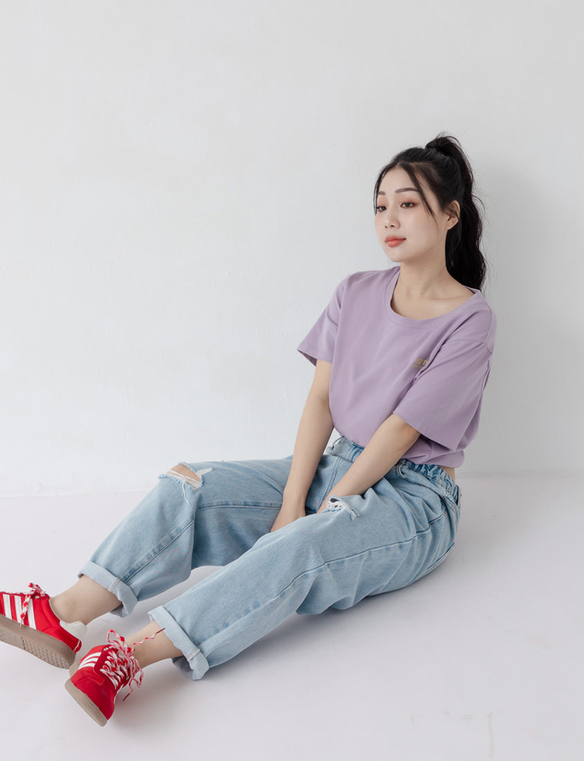 Distressed Side Elastic Waist Plus Size Boyfriend Jeans