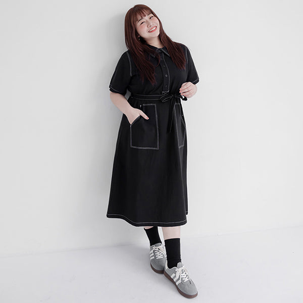 Color-Block Stitching Collar Twill Plus Size Maxi Dress (with Waist Tie)