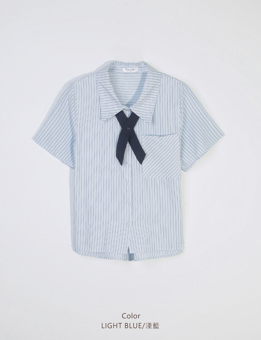 MISS. Preppy Contrast Stripe Plus Size Short Sleeve Shirt (With Neck Tie)