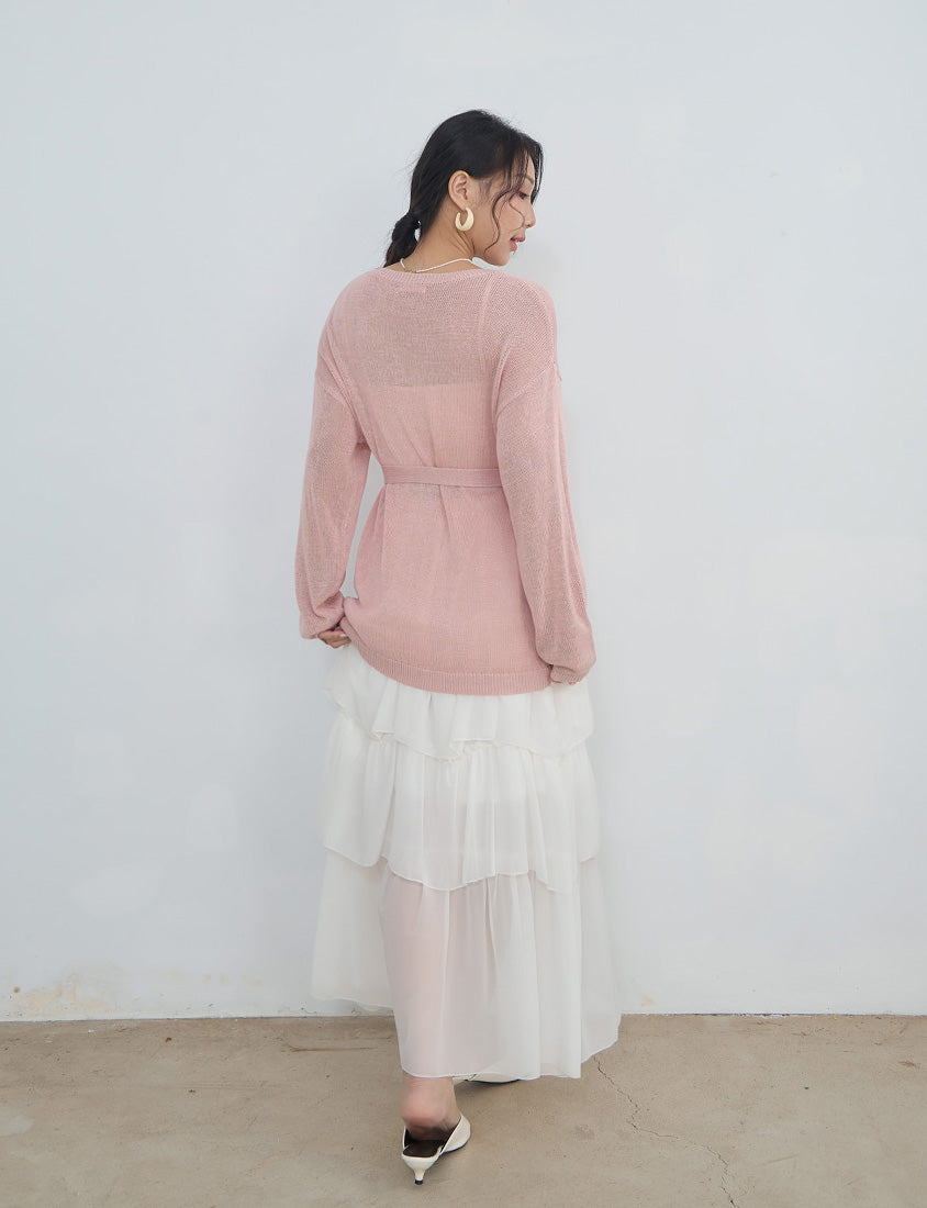 MISS. Korean Sheer Knit Plus Size Long Sleeve Top (with Waist Tie)