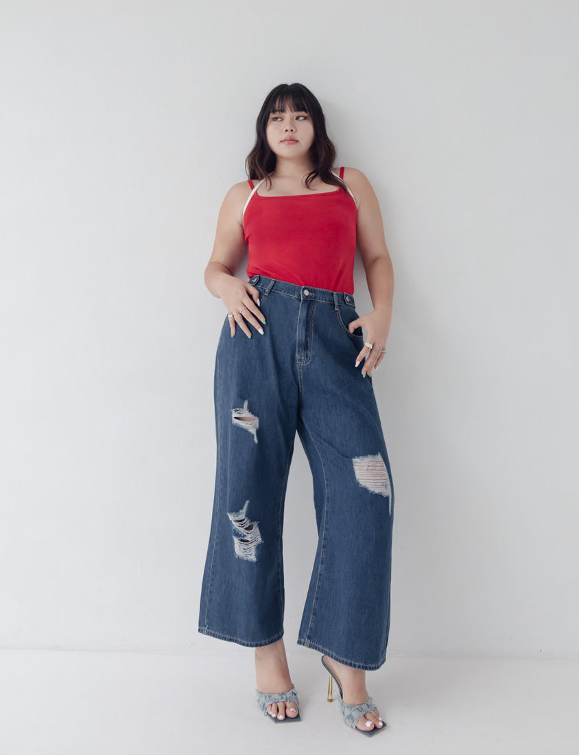 MUA! Distressed Denim Elastic Back Plus Size Wide Leg Jeans