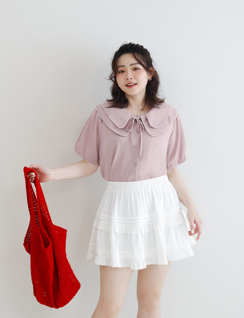Double Layer Collar Tie Puff Sleeve Plus Size Blouse