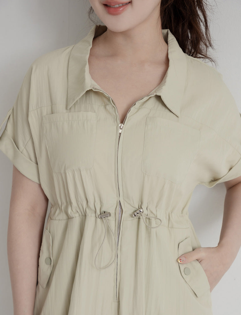 Utility Cargo Pocket Drawstring Cinched Waist Plus Size Maxi Dress