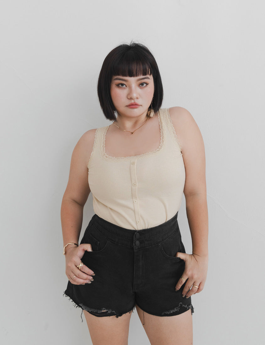 MUA! Lace Square Neck Faux Button Plus Size Sleeveless Top