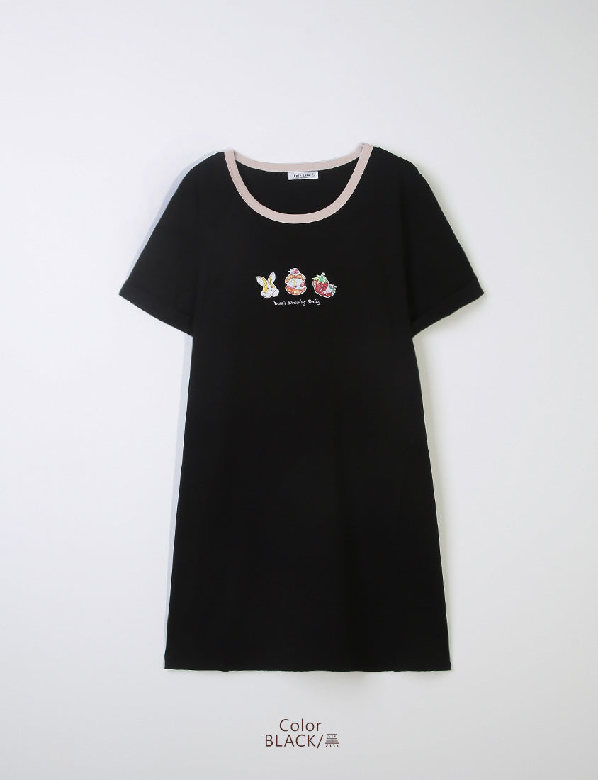 Contrast Crew Neck Hand-Drawn Print Plus Size Dress (Illustrator Collaboration)