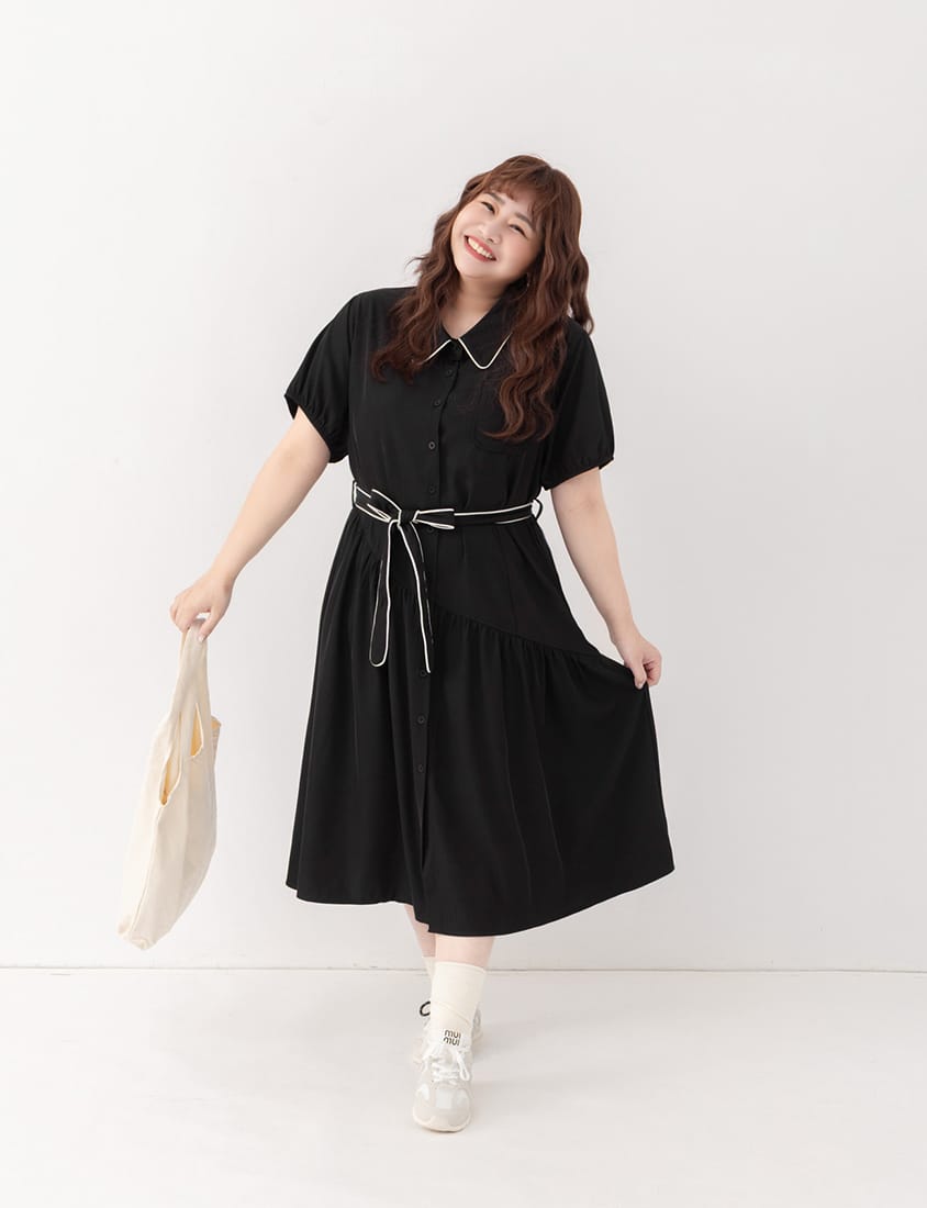 Color-Trimmed Plus Size Puff Sleeve Maxi Dress (With Waist Tie)