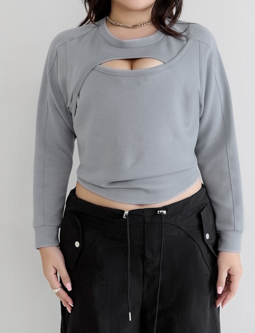 MUA! Cloud Cotton Front Cut-Out Plus Size Long Sleeve Top