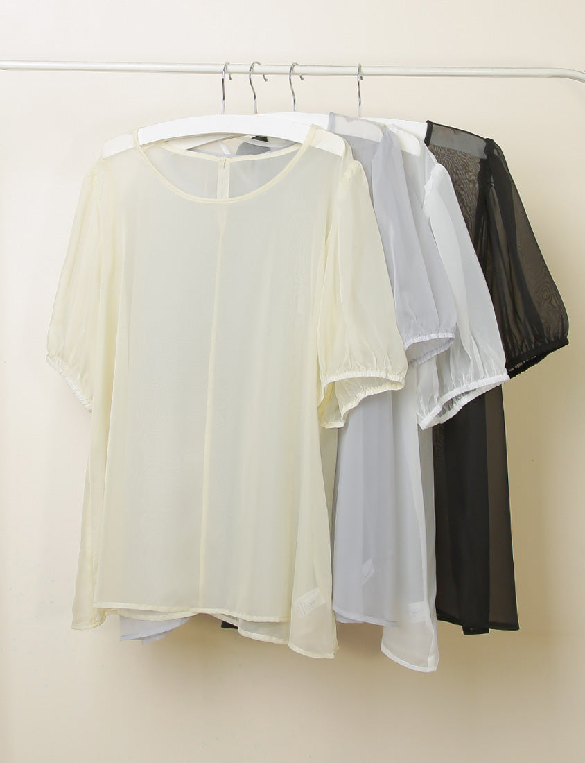 MISS. Sheer Textured Round Neck Puff-Sleeve Plus Size Blouse