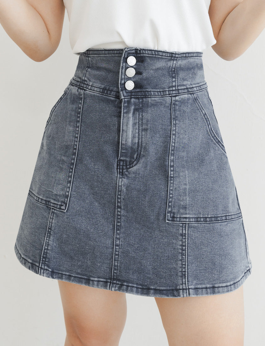MUA! Ultra Stretch High Waist Washed Denim Plus Size Mini Skirt (With Pants)