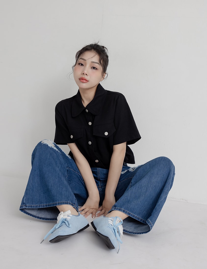 Korean Style Twill Button-Down Plus Size Short Sleeve Jacket